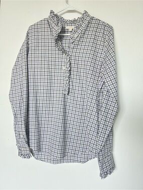 ANN MASHBURN Frill Shirt, Purple and White Plaid Ruffle-Trim Blouse size M NWOT